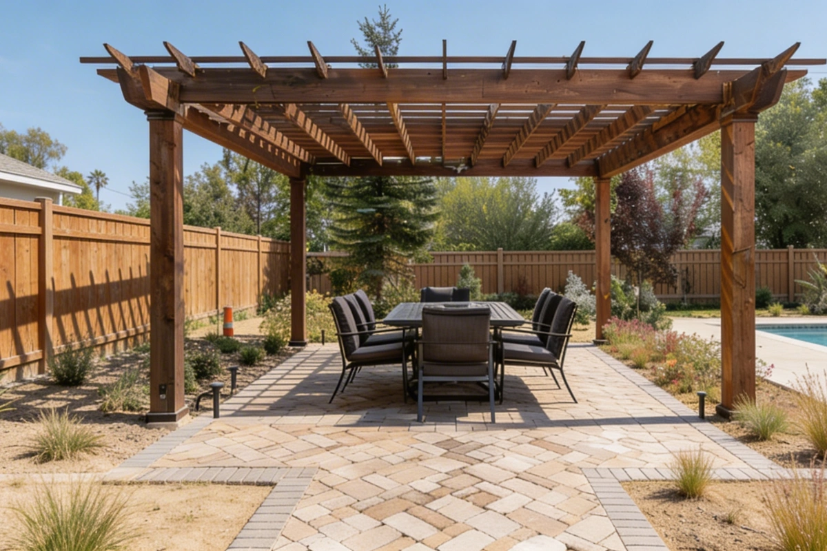 Stone paver patio with wooden pergola in Los Angeles by Patio Chic LA