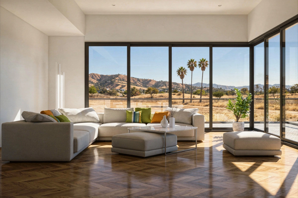 Bright sunroom with panoramic glass windows in Los Angeles by Patio Chic LA